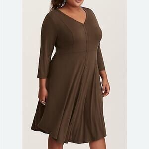 Torrid Olive A-Line Dress V-Neck 3/4 Sleeve